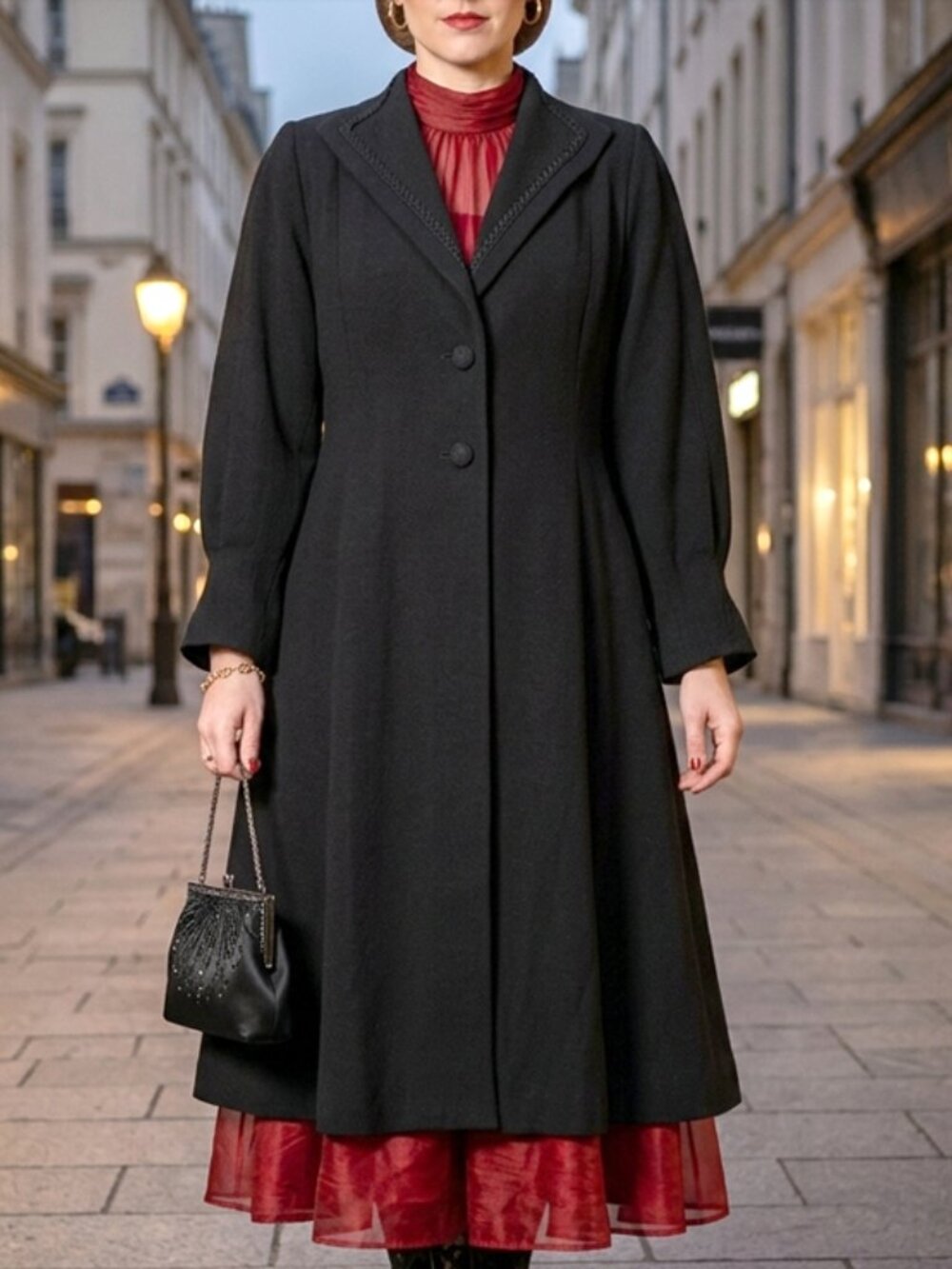 RARE c. 1940 black Saltaire swing coat w/ ribbon detail